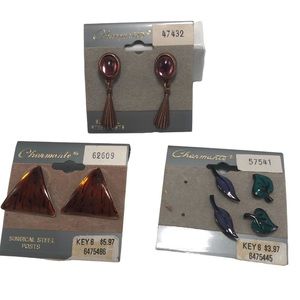 Vintage Charmante Earrings 4 Pair Dangle Studs Leaves Animal Print Enamel NEW